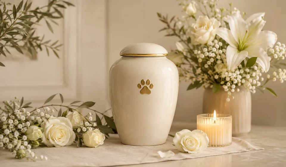 Pet cremation urn with flowers and a candle