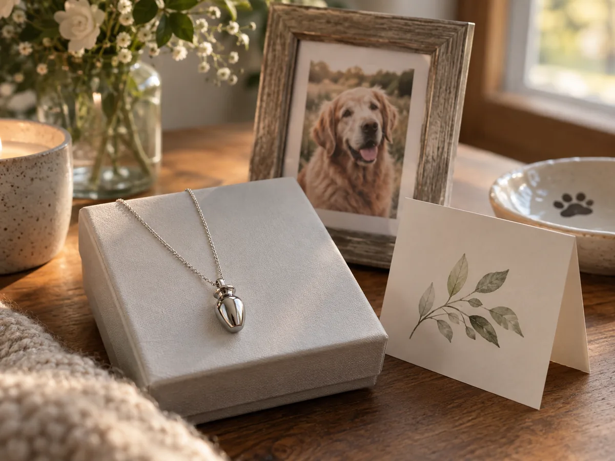 Small memorial pendant presented beside a framed photograph of a dog