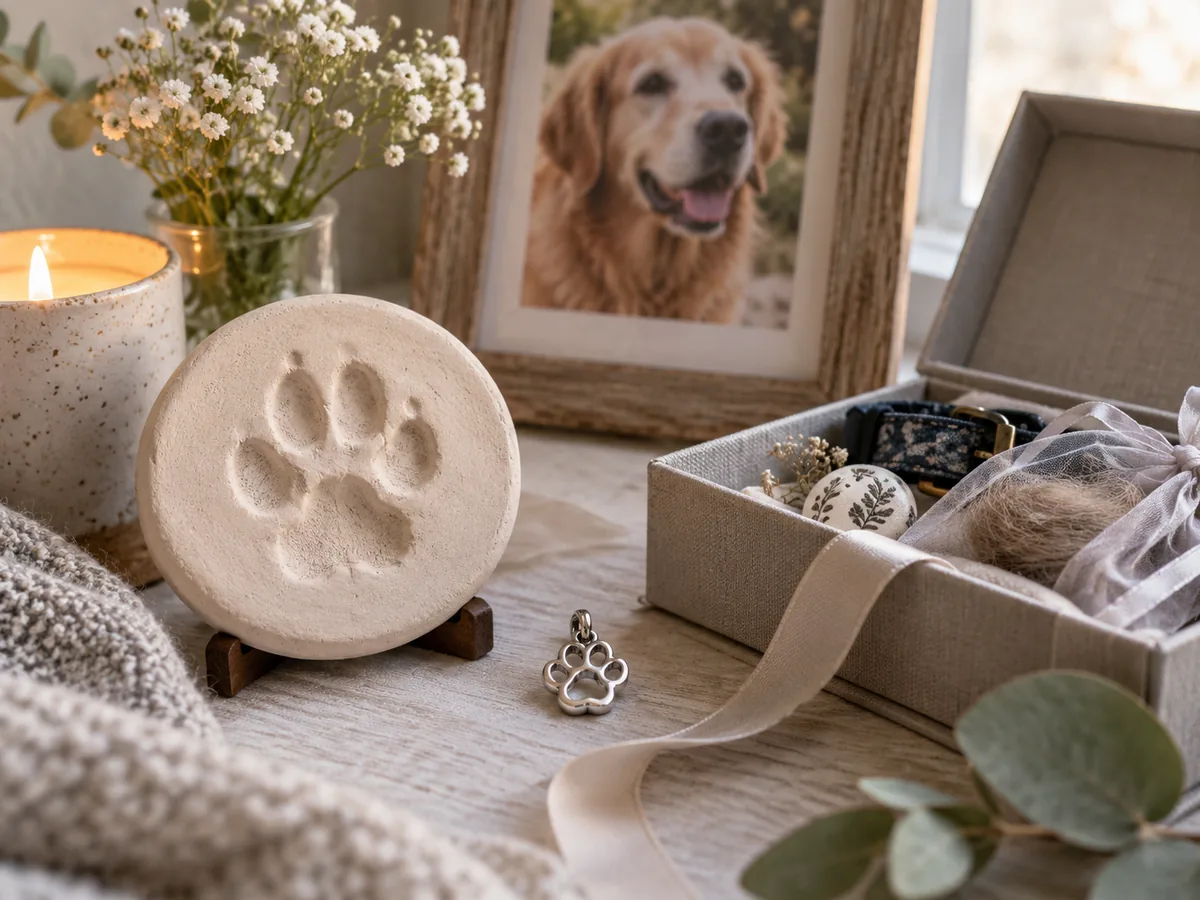 Paw-print keepsake, memorial charm and memory box arranged with a pet photograph