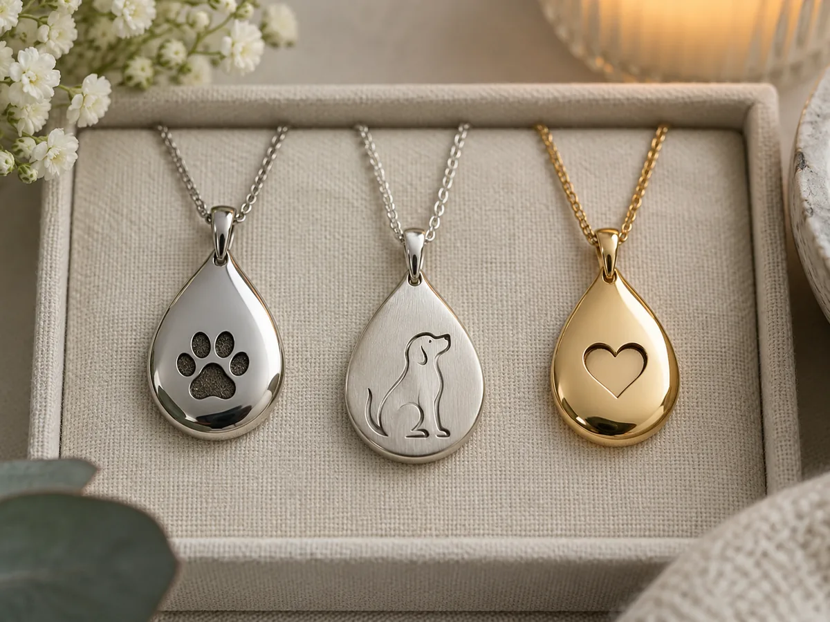 Pet memorial pendants with paw, dog and heart motifs