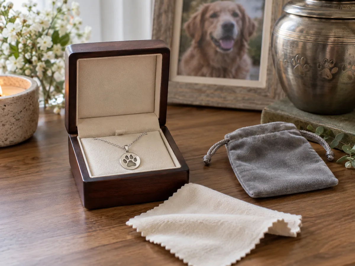 Pet ashes necklace displayed in a keepsake box beside a memorial urn